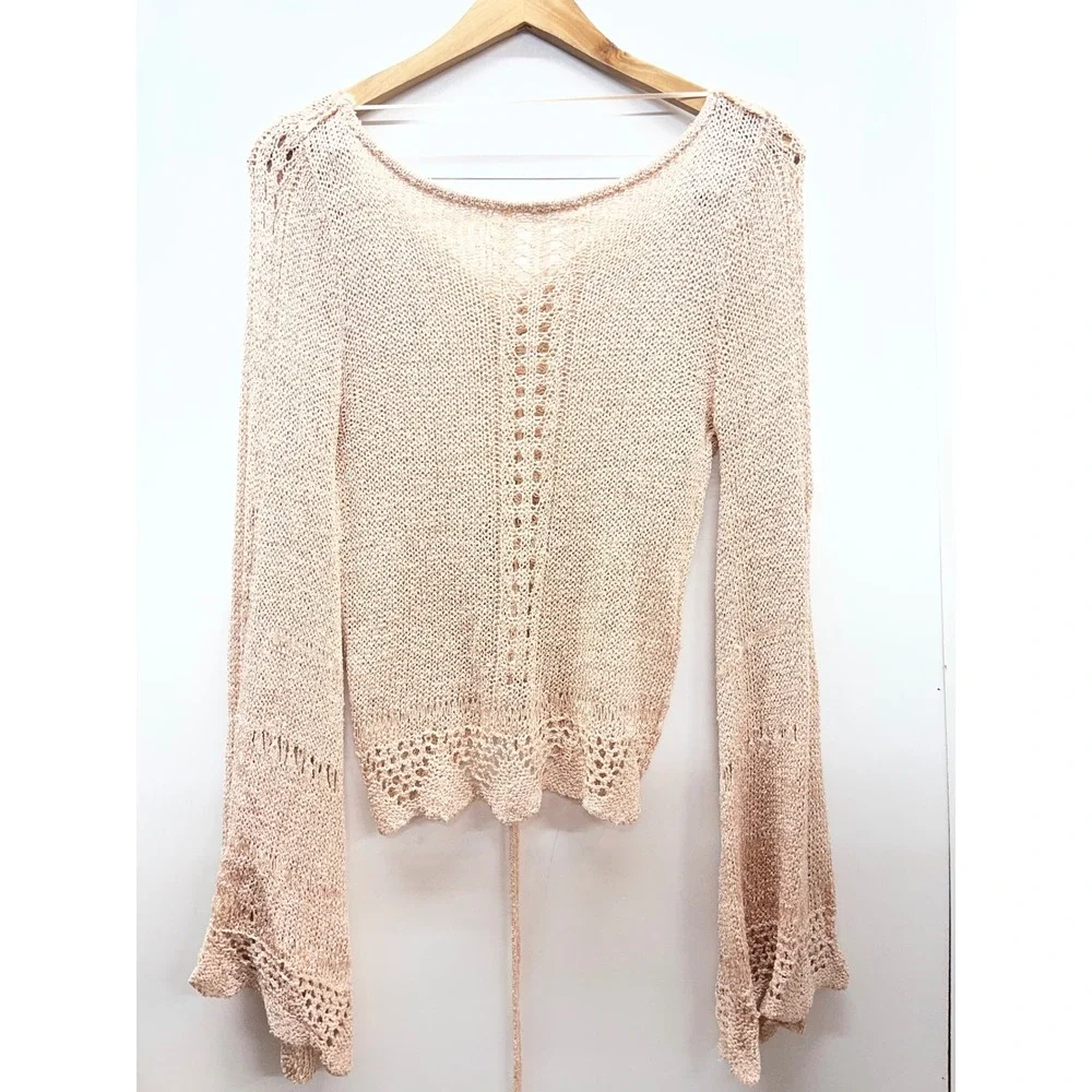 Free People Zinnia Top Pink‎ Sand Combo Crochet Metallic Ruched Bell Sleeve M